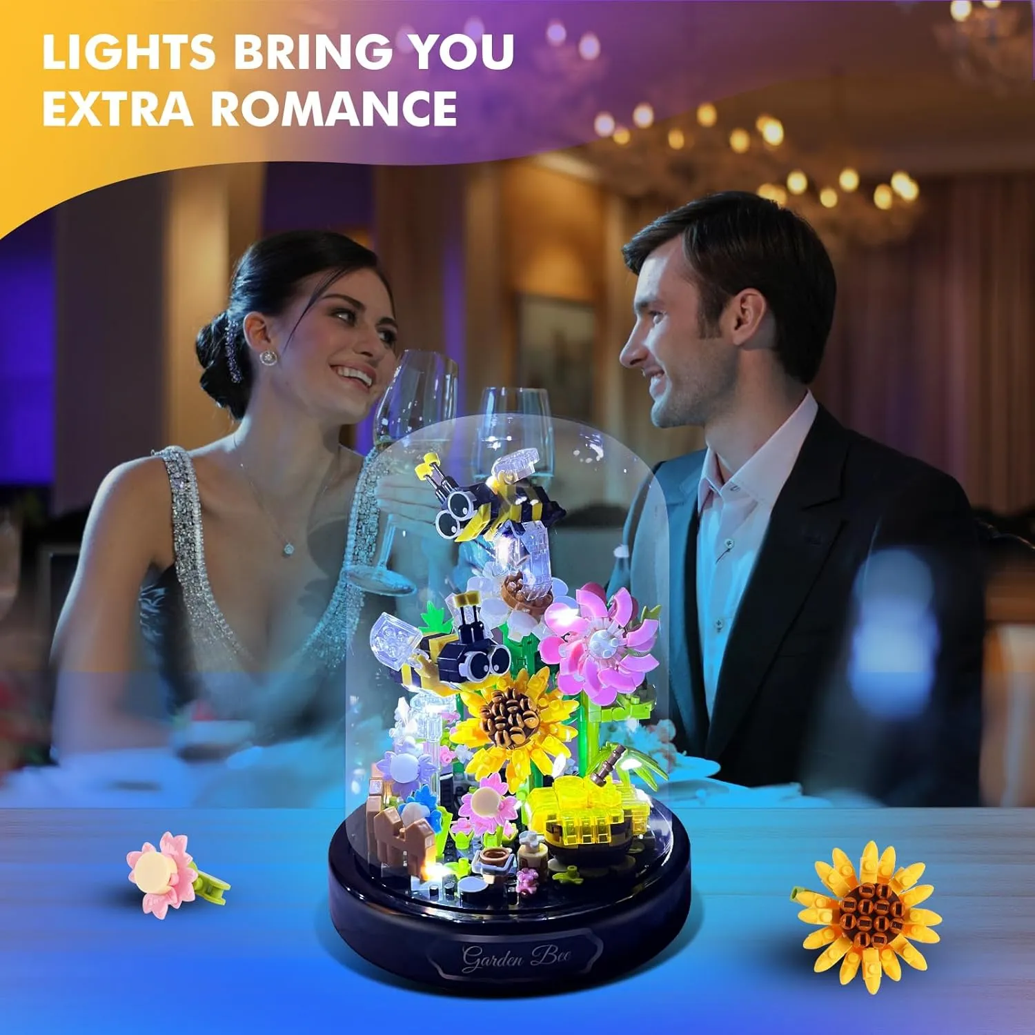 Flower Bee Bouquet Building Blocks with LED String Light, Bee Flowers Botanical Collection, 588 Pcs Mini Bricks Toy for Boys & Girls, Adults, Gift for Birthday, Christmas, Mother's Day
