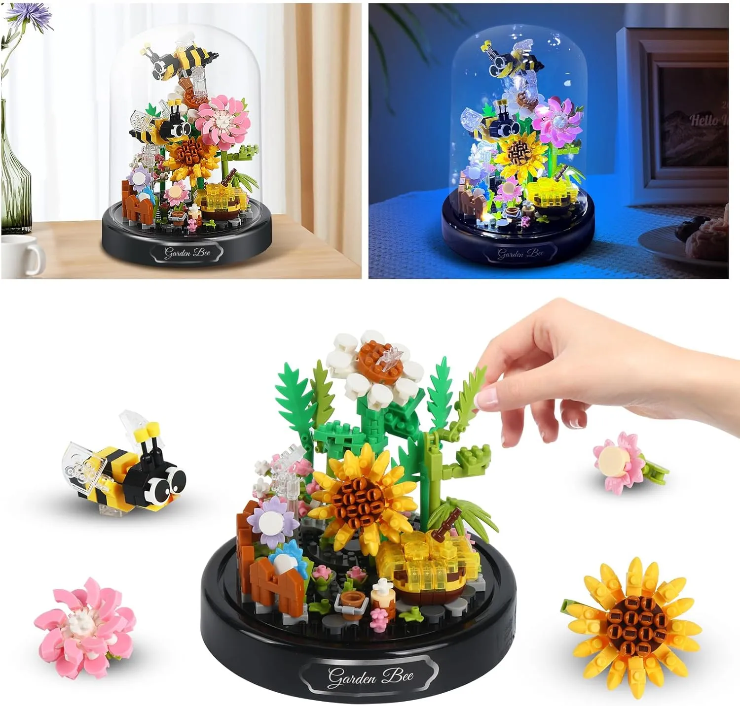 Flower Bee Bouquet Building Blocks with LED String Light, Bee Flowers Botanical Collection, 588 Pcs Mini Bricks Toy for Boys & Girls, Adults, Gift for Birthday, Christmas, Mother's Day