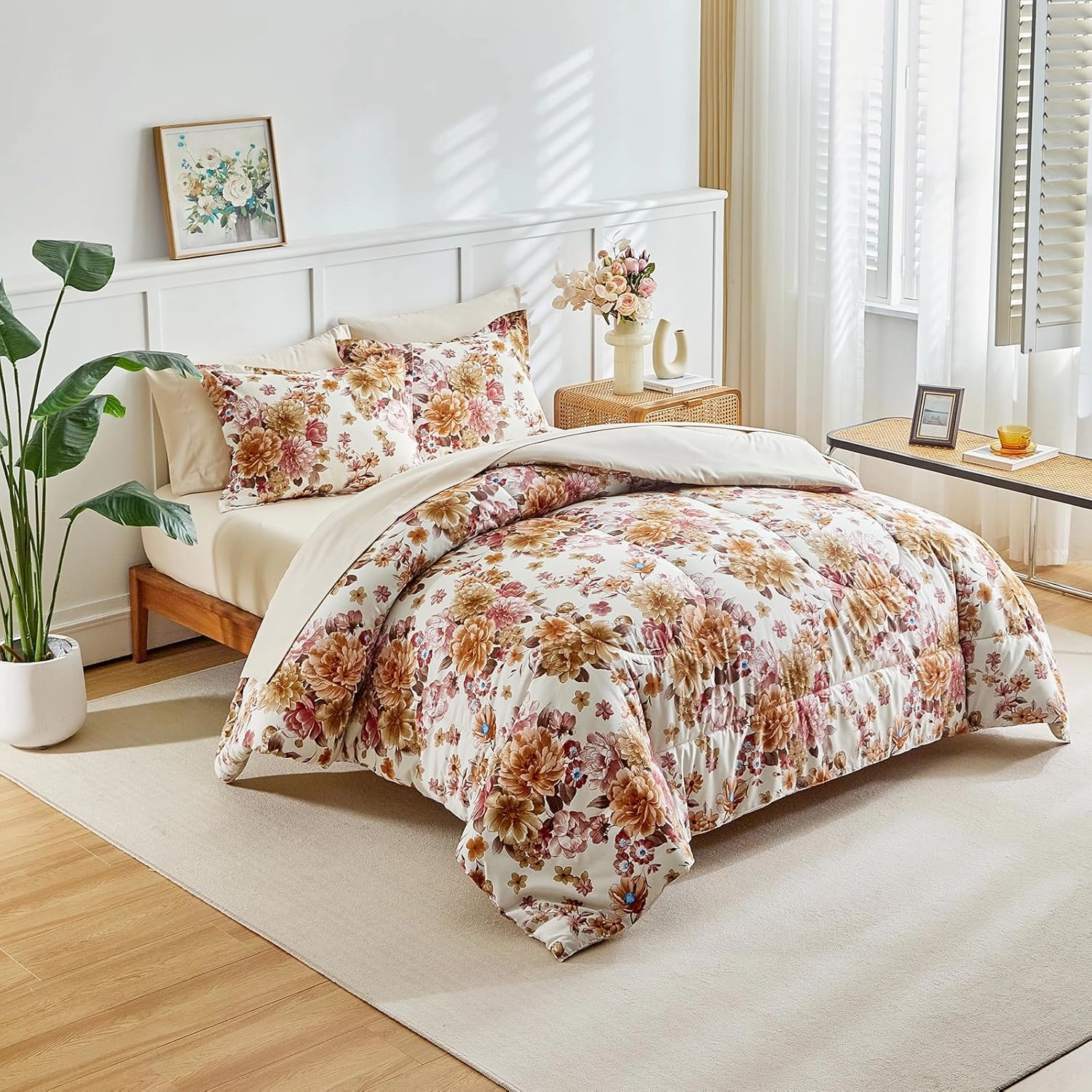 Flower Comforter Set with Sheet Set Beige Botanical Bed in a Bag Queen Size Pink Orange Brown Floral Leaves Super Cute Soft Microfiber 7 Pieces Bedding Set with Pillowcases for Girls Women Men