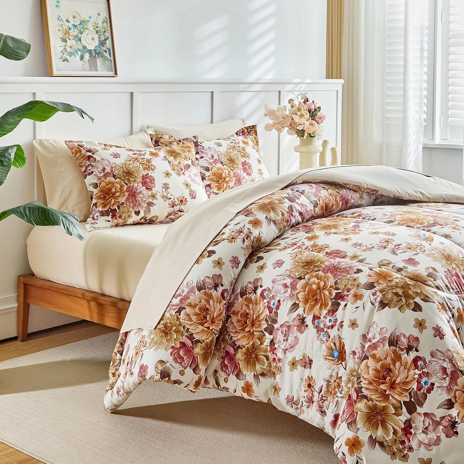 Flower Comforter Set with Sheet Set Beige Botanical Bed in a Bag Queen Size Pink Orange Brown Floral Leaves Super Cute Soft Microfiber 7 Pieces Bedding Set with Pillowcases for Girls Women Men