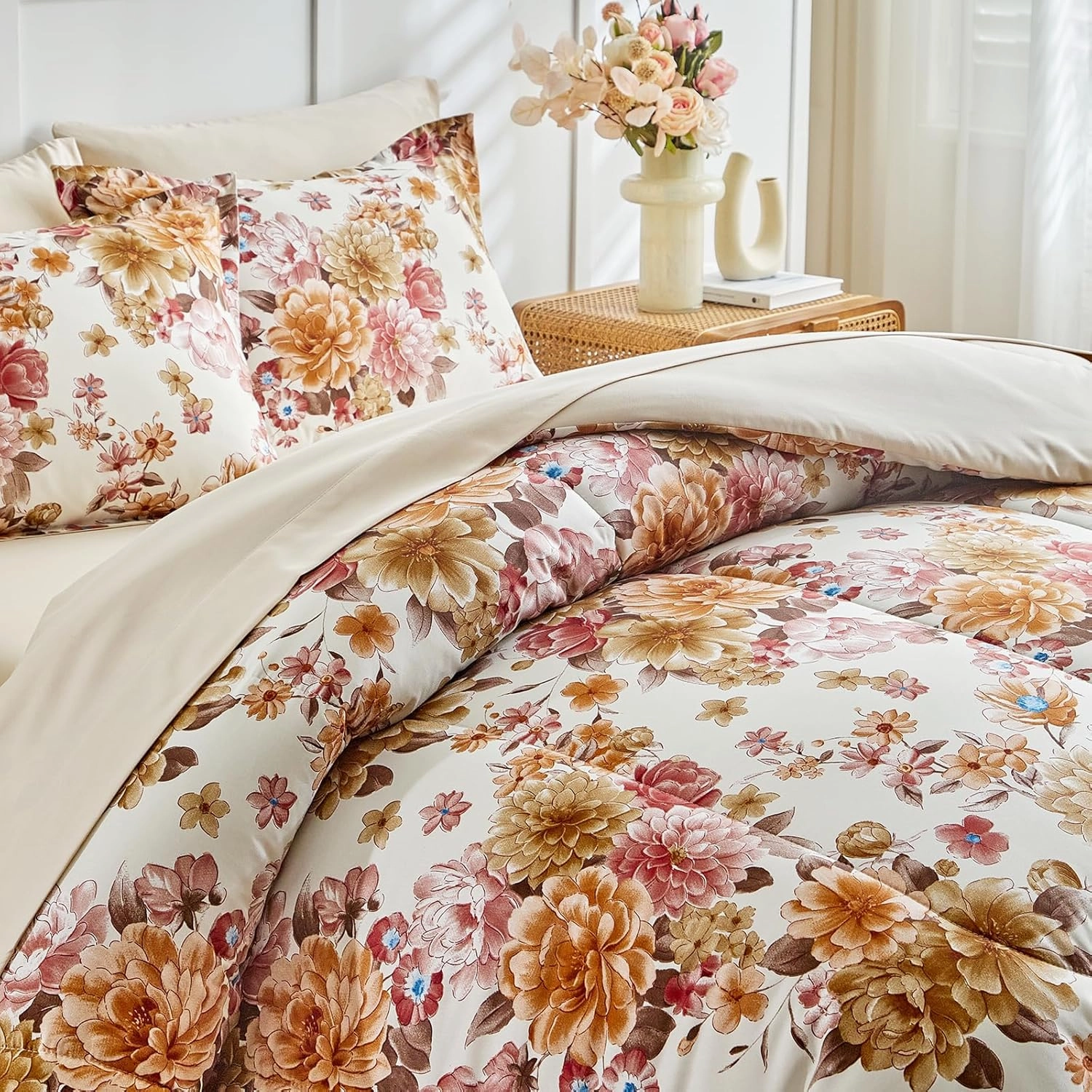 Flower Comforter Set with Sheet Set Beige Botanical Bed in a Bag Queen Size Pink Orange Brown Floral Leaves Super Cute Soft Microfiber 7 Pieces Bedding Set with Pillowcases for Girls Women Men