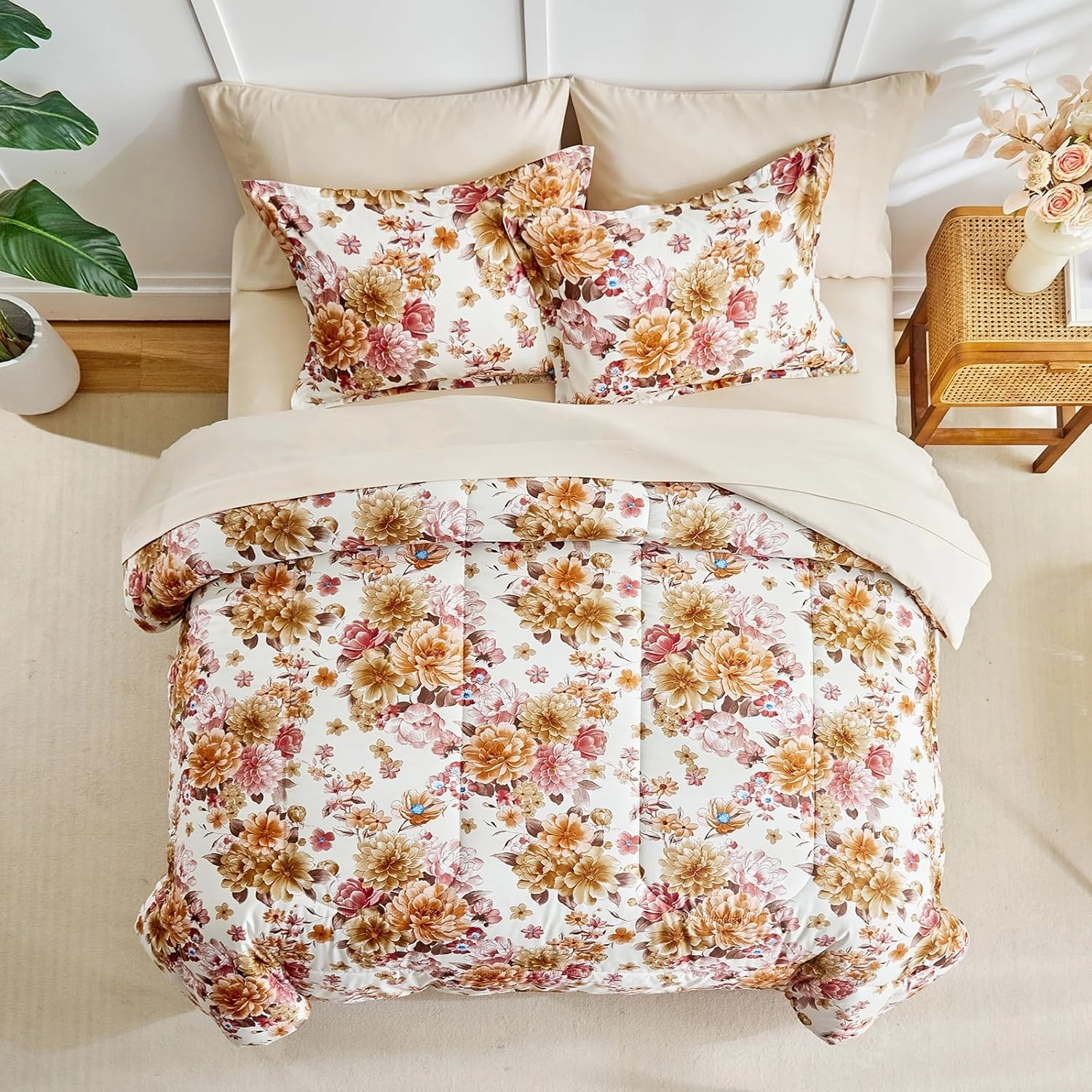 Flower Comforter Set with Sheet Set Beige Botanical Bed in a Bag Queen Size Pink Orange Brown Floral Leaves Super Cute Soft Microfiber 7 Pieces Bedding Set with Pillowcases for Girls Women Men