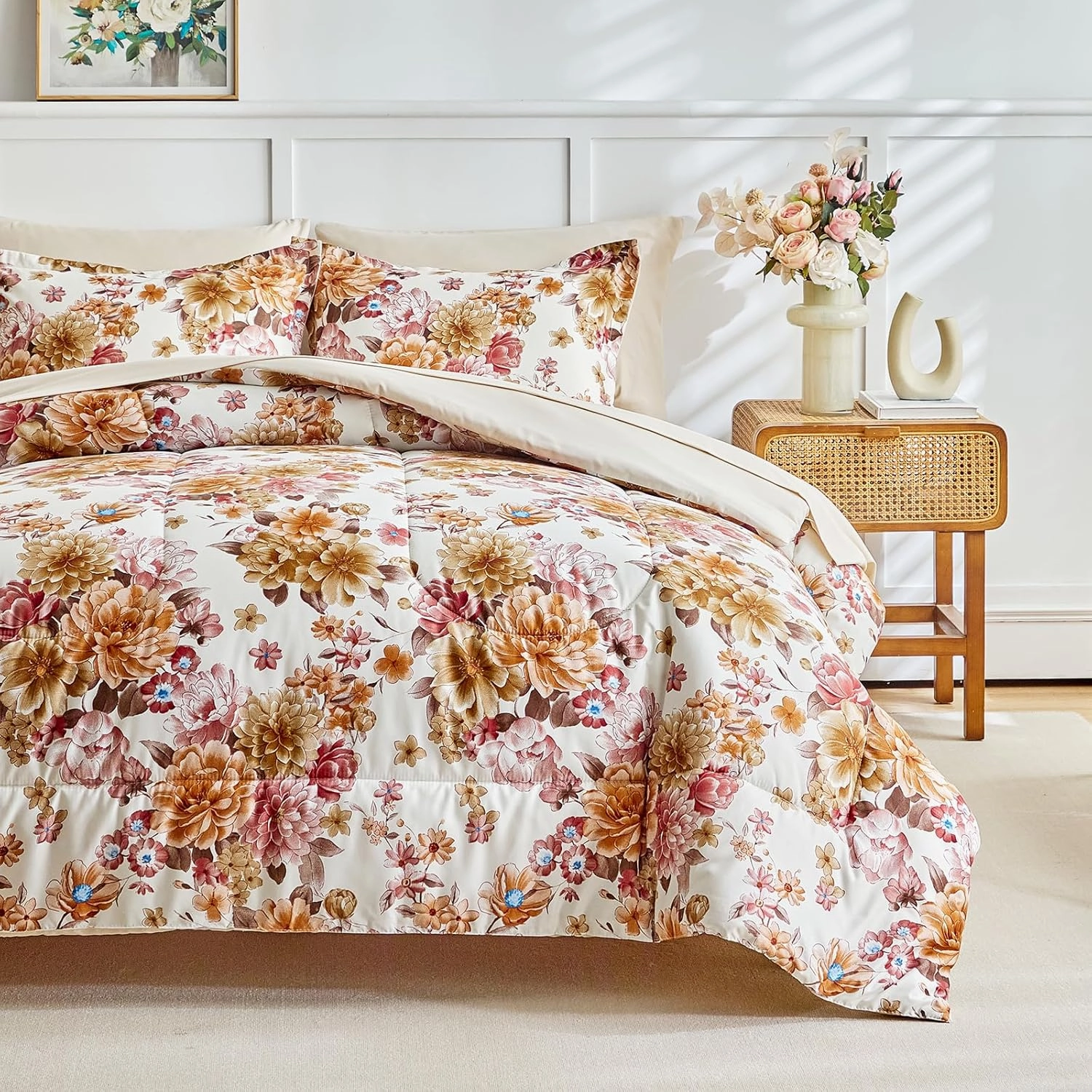 Flower Comforter Set with Sheet Set Beige Botanical Bed in a Bag Queen Size Pink Orange Brown Floral Leaves Super Cute Soft Microfiber 7 Pieces Bedding Set with Pillowcases for Girls Women Men