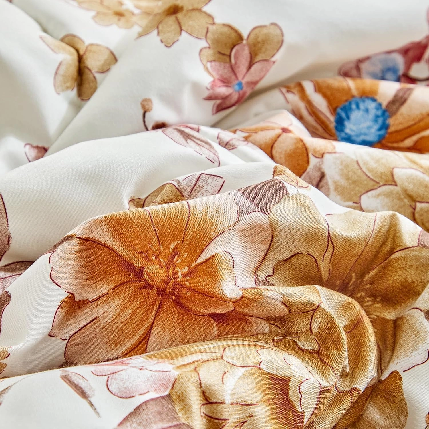 Flower Comforter Set with Sheet Set Beige Botanical Bed in a Bag Queen Size Pink Orange Brown Floral Leaves Super Cute Soft Microfiber 7 Pieces Bedding Set with Pillowcases for Girls Women Men