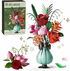 Flowers Bouquet Building Blocks Set with Vase, Roses, Lotus, Lily of The Valley for Adults, Teen Girls, Botanical Collection Home Décor, Office Decor, Gifts for Valentines Birthdays Mother's Day