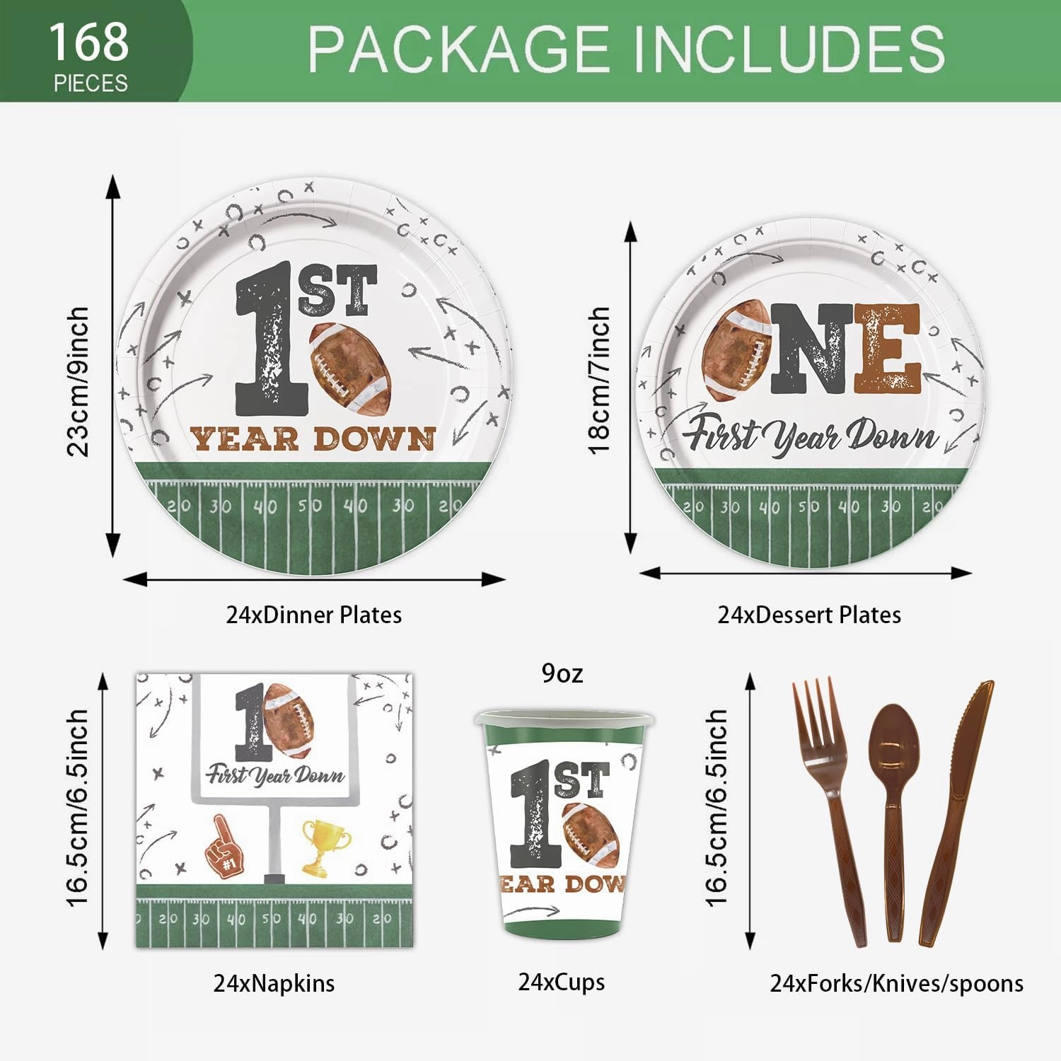 Football First Year Down Birthday Decorations, 168pcs Paper Plates Napkins Set Football Theme Dinnerware Including Plates, Napkins, Cups, Knives, Forks, Spoons for Birthday Party Supplies