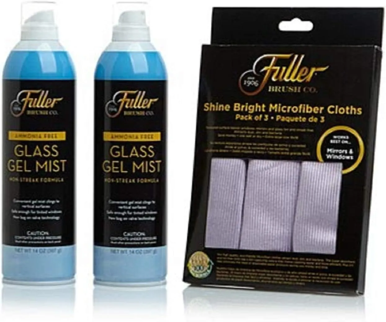 Fuller Brush Glass Cleaning Kit with 2 Cans of Glass Gel Mist Sprays and Pack of 3 Shine Bright Microfiber Cleaning Cloths