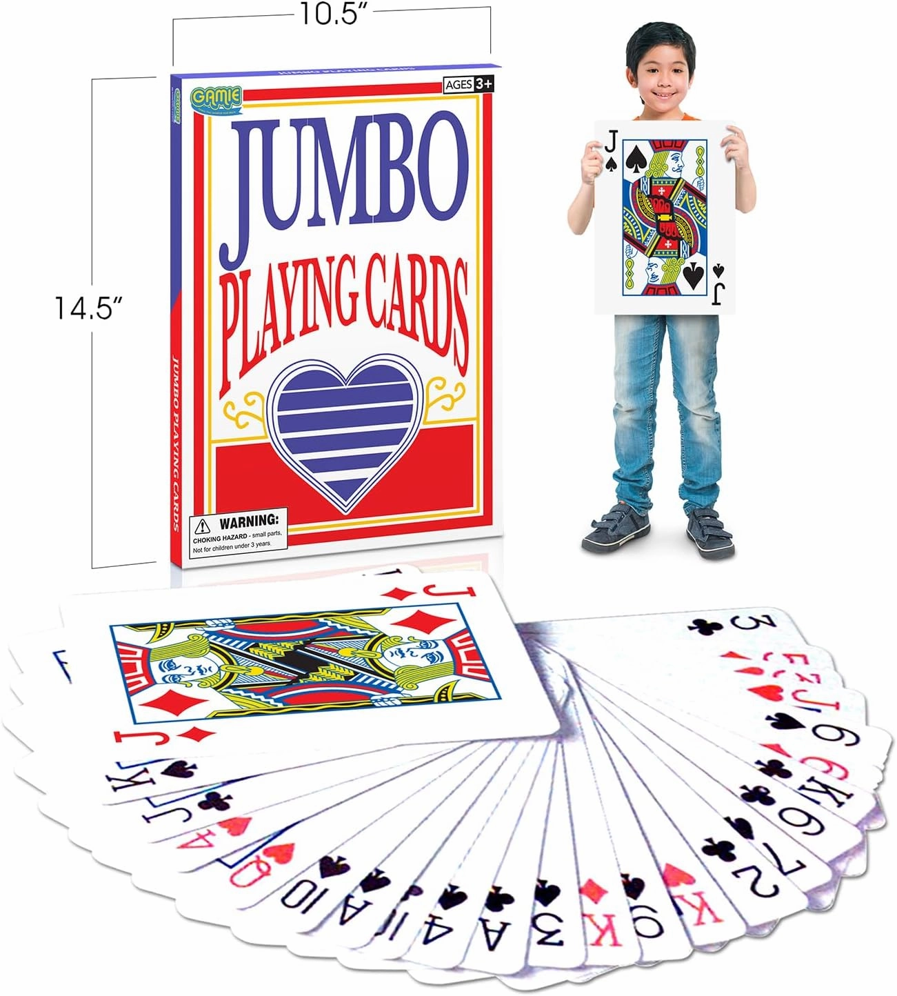 Gamie Giant Poker Jumbo Playing Cards - 10.5 Inches X 14.5 Inches - Extra Large Playing Cards Set with 2 Jokers - Huge Casino Game Cards for Kids and Adults - Oversize Poker Party Decorations - 1 Pack