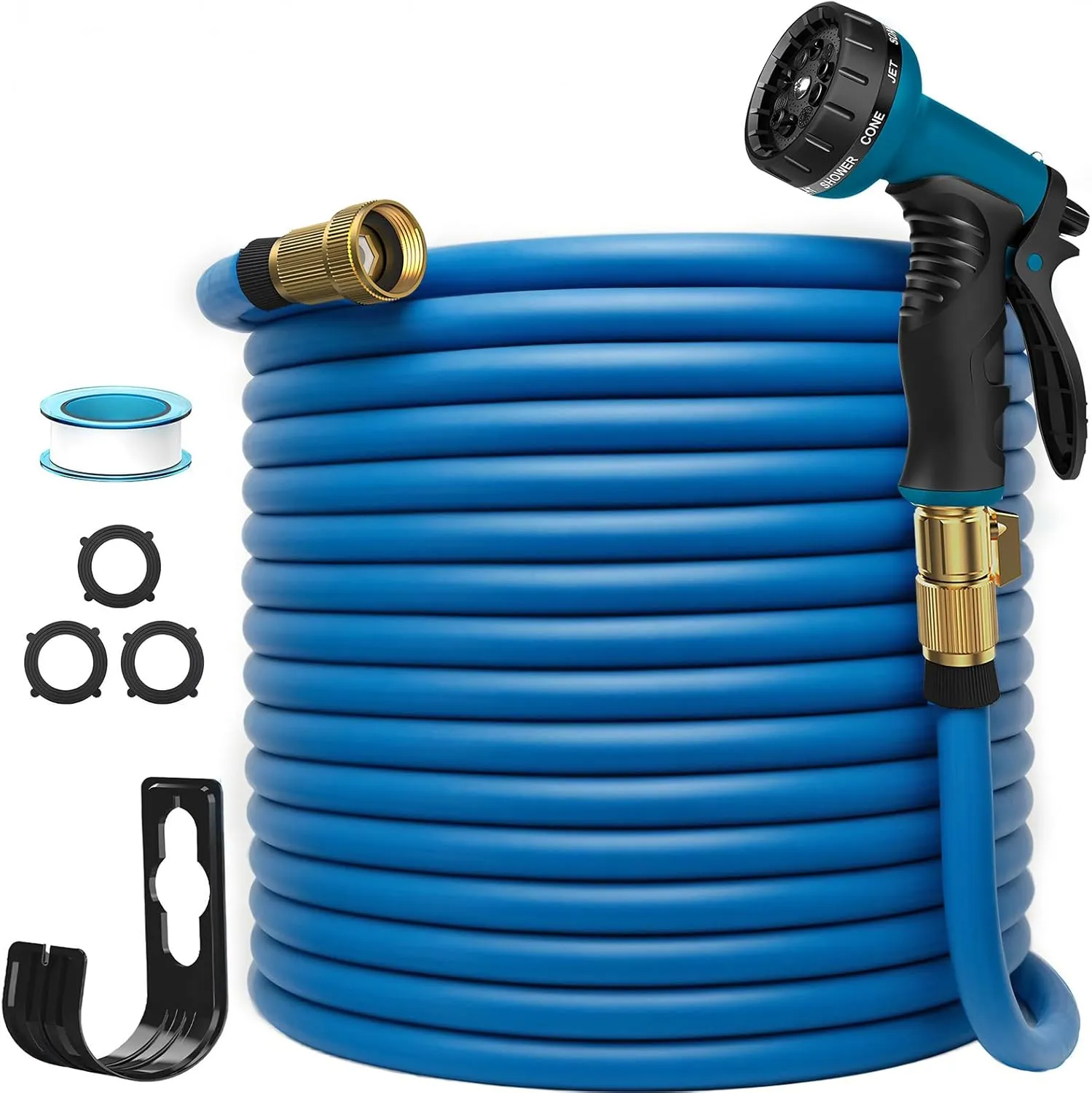 Garden Hose 100ft – Lightweight, Kink-Free & Leak-Proof Water Hose with 10-Function Spray Nozzle and 3/4" Solid Brass Fittings – Flexible Outdoor Hose for Yard, Garden, Lawn & Car Wash (Blue)