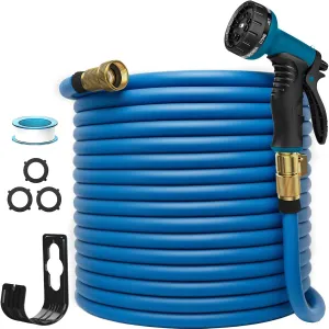 Garden Hose 100ft – Lightweight, Kink-Free & Leak-Proof Water Hose with 10-Function Spray Nozzle and 3/4" Solid Brass Fittings – Flexible Outdoor Hose for Yard, Garden, Lawn & Car Wash (Blue)