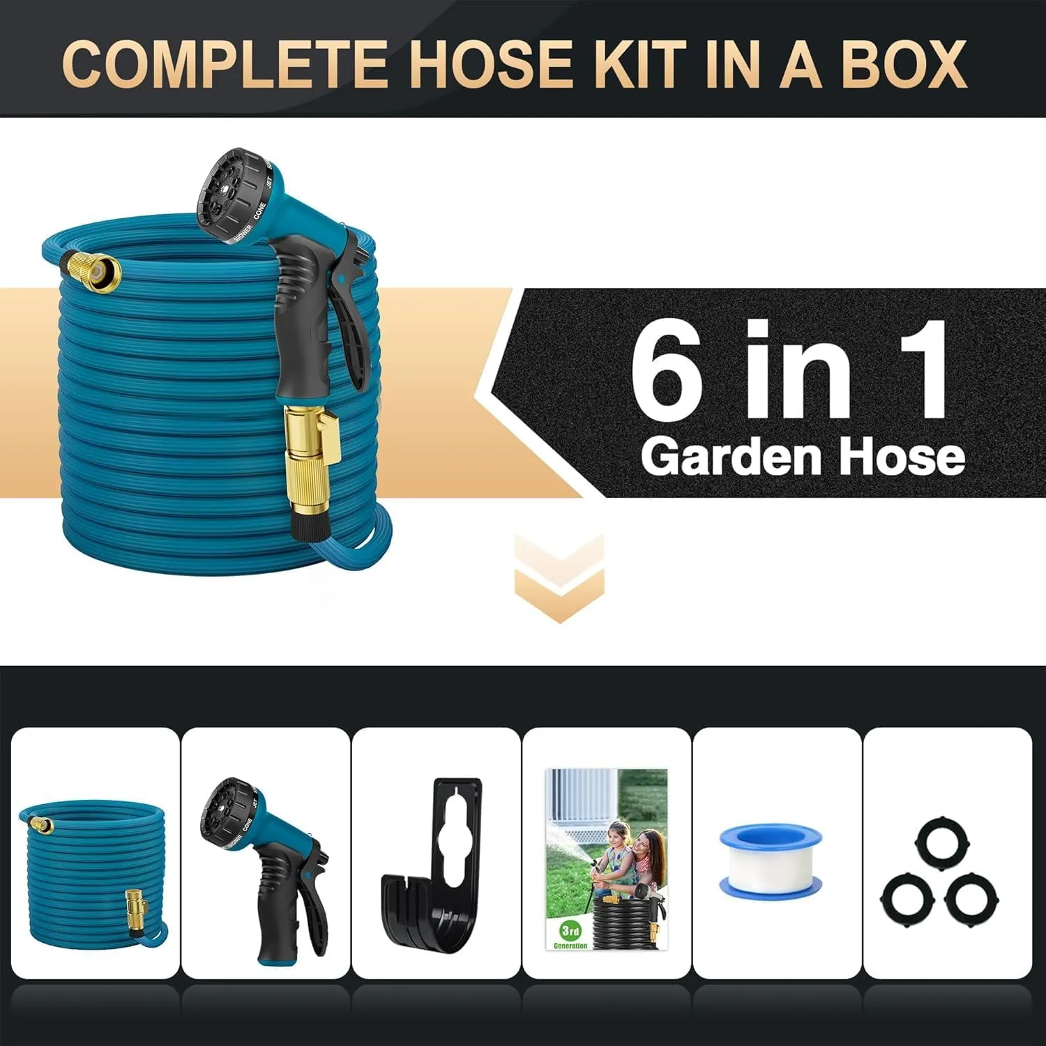 Garden Hose 100ft – Lightweight, Kink-Free & Leak-Proof Water Hose with 10-Function Spray Nozzle and 3/4" Solid Brass Fittings – Flexible Outdoor Hose for Yard, Garden, Lawn & Car Wash (Blue)