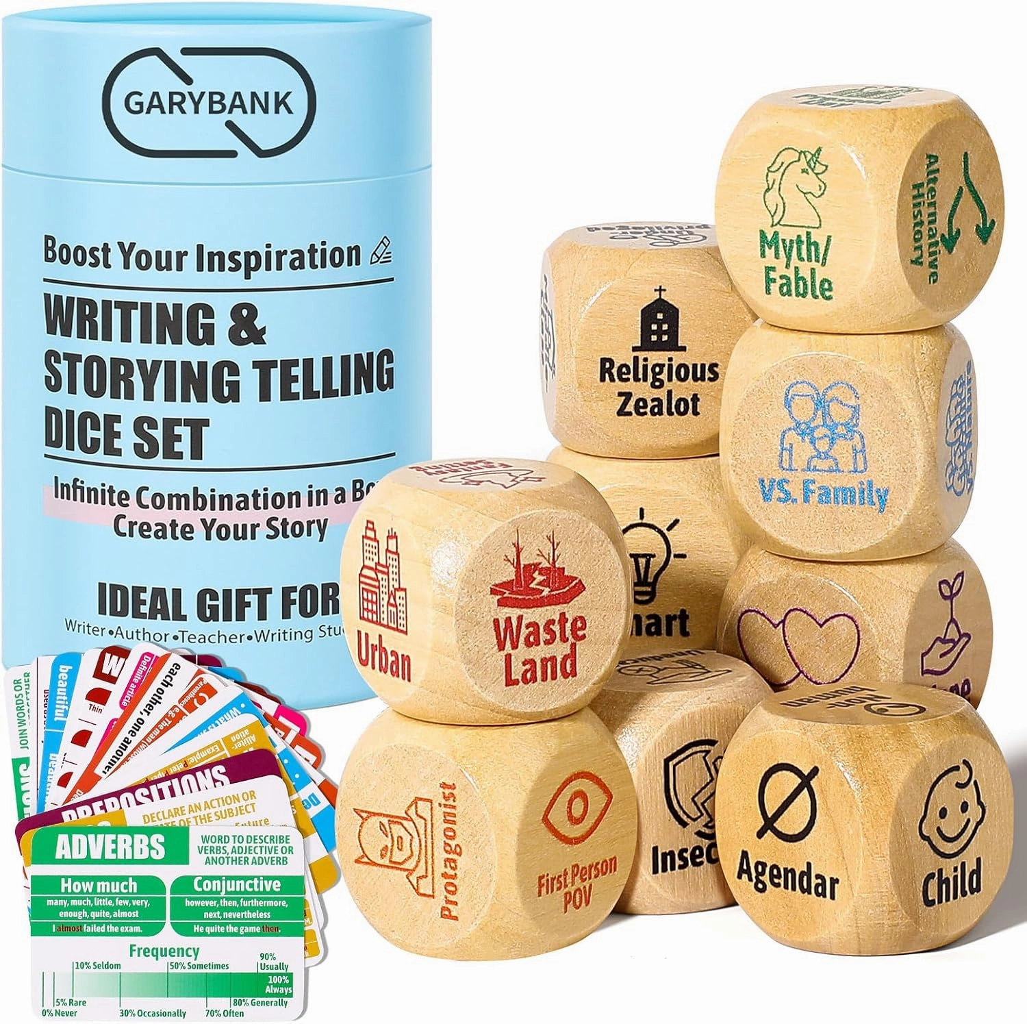 Garybank Creative Writing Prompts Dice Set - Writers Gifts, W/13 Writing Skill Cards - Story Writing/Telling Game for Kids & Adults - Set of 9 Story Cubes for Inspiration - Gifts for Teacher Christmas