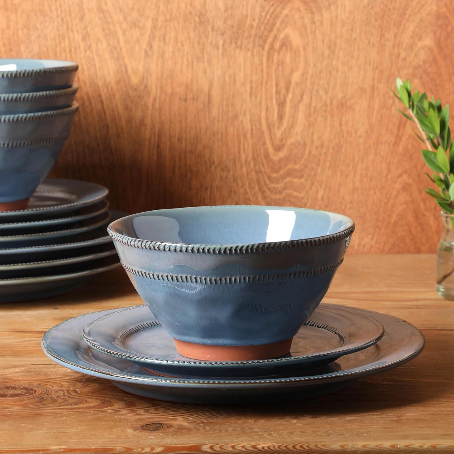 Gibson Elite Terranea 12 Piece Dishes Reactive Glaze Plates and Bowls Terracotta Dinnerware Set - Service for 4 - Blue