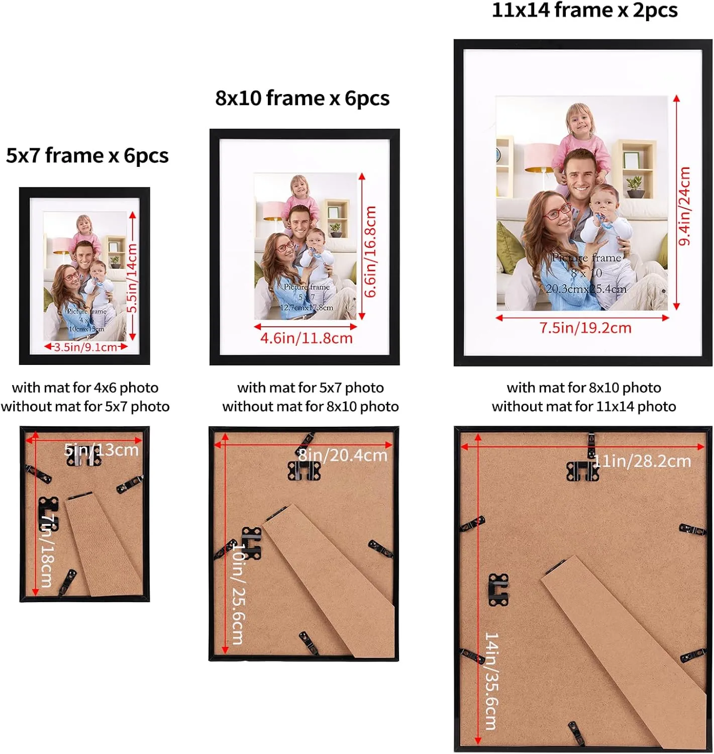 Giftgarden 14 Pack Black Picture Frames with Mat for Various Sizes Photos, Assorted Matted Frame Set Including Two 11x14, Six 8x10, Six 5x7, Gallery Frame Collage for Wall or Tabletop Display