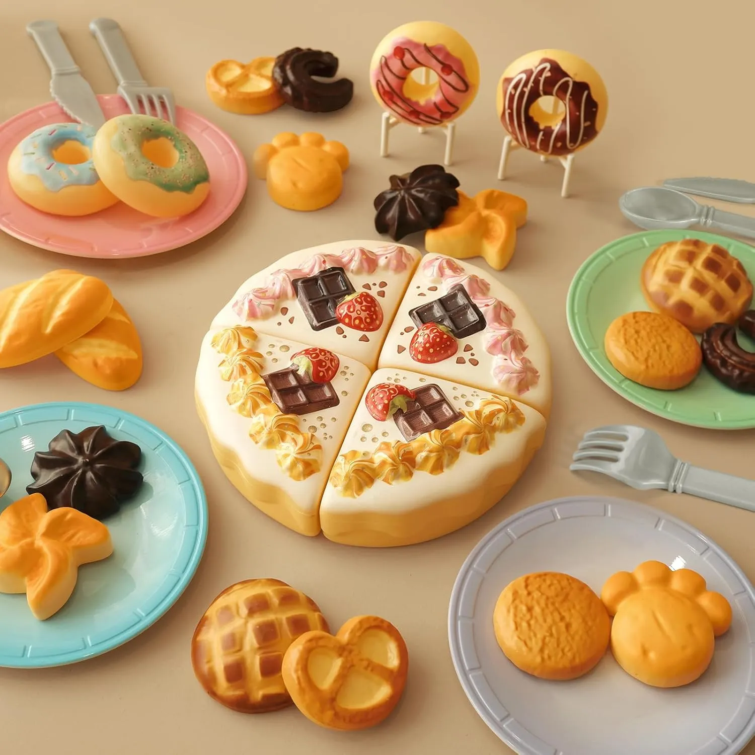 GILOBABY Toy Food for Toddlers, Pretend Play Toys for Toddlers with Dessert Cakes and Kitchen Accessories, Learning & Educational Tea Party Set for Girls 3 Year and Up, 34 Pcs