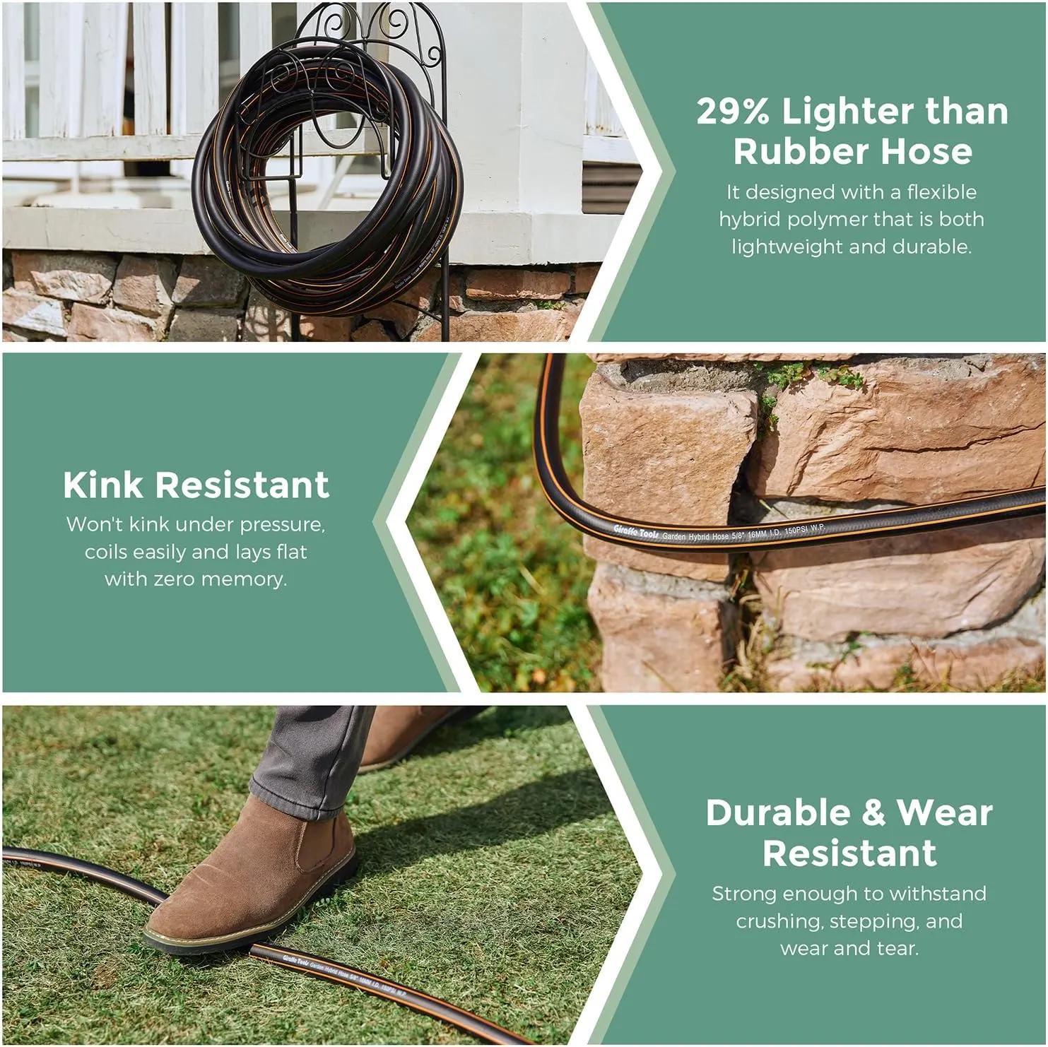 Giraffe Hybrid Leader Hose 5/8" x 6ft Custom Length, No Kink, Flexible, Leakproof Water Hose with Female to Female Fittings, 600 Burst PSI