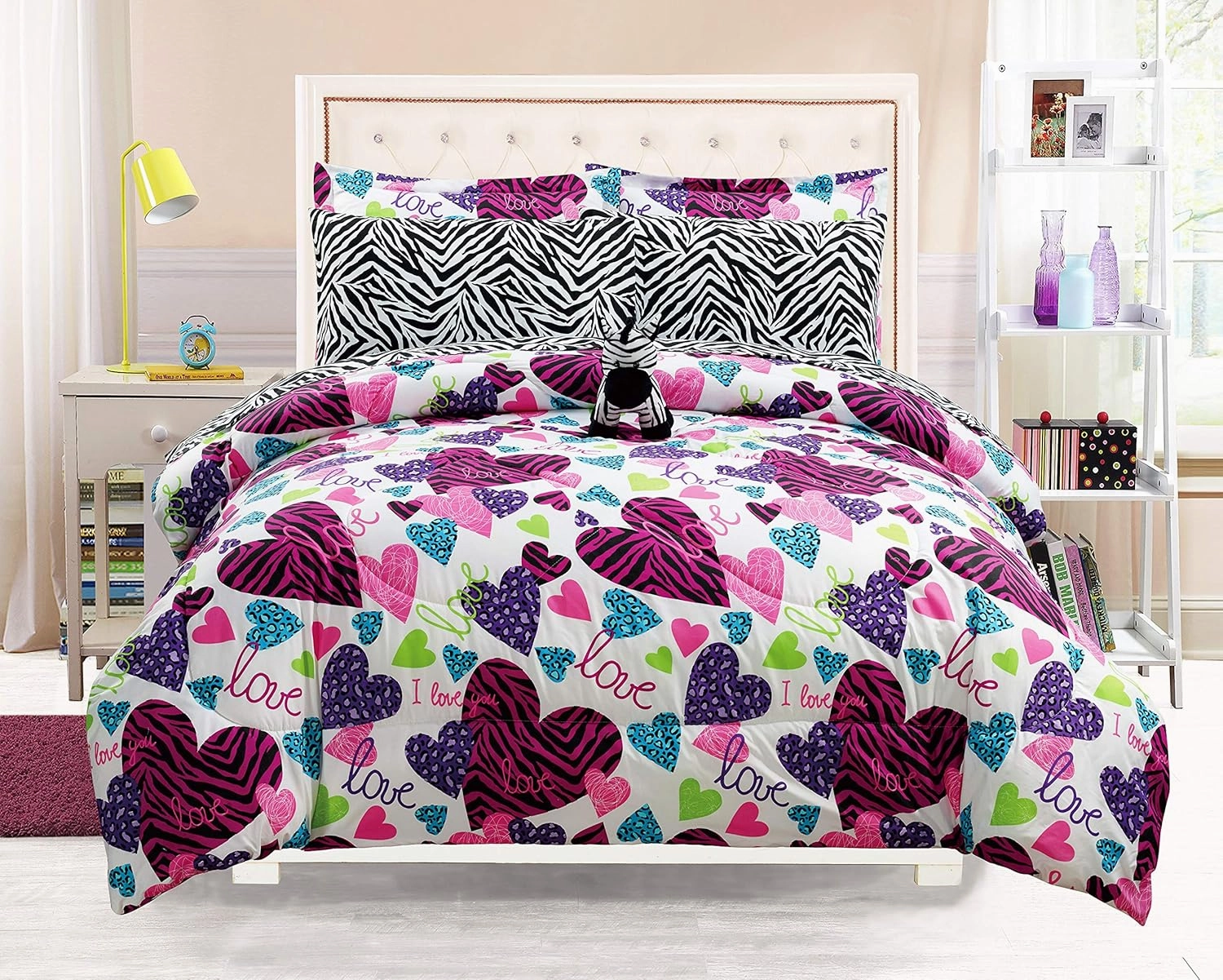 Girls Kids Bedding-Misty Zebra Tween Teen Dream Bed in A Bag. Queen Size Comforter Set, Sheet Set and Plush Zebra Pillow Included-Love, Hearts-Hot Pink, Purple, Black and White