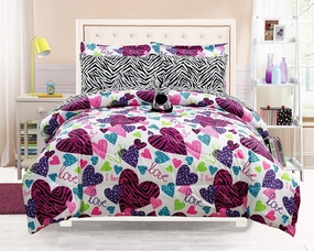 Girls Kids Bedding-Misty Zebra Tween Teen Dream Bed in A Bag. Queen Size Comforter Set, Sheet Set and Plush Zebra Pillow Included-Love, Hearts-Hot Pink, Purple, Black and White