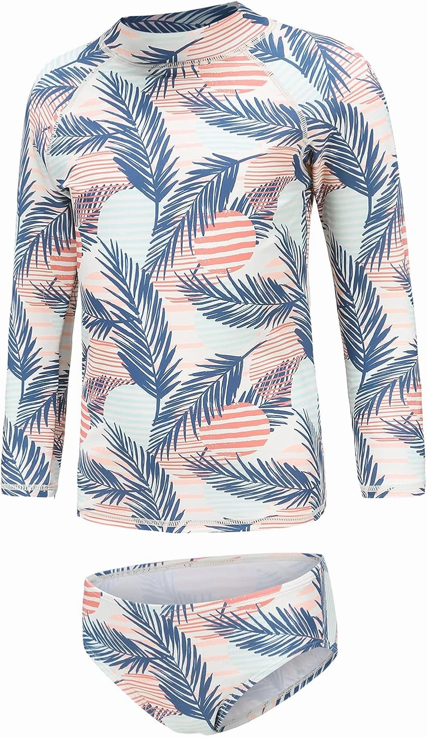 Girls Two Piece Rash Guard Swimsuits Set Long Sleeve Bathing Suit with UPF 50  Sun Protection Kids Sunsuits Swimwear Set
