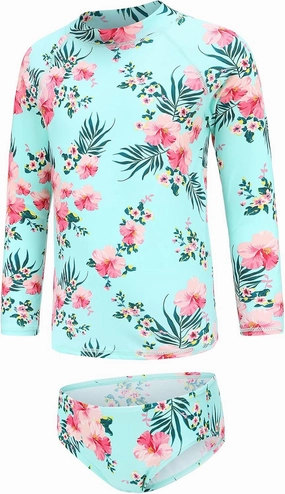 Girls Two Piece Rash Guard Swimsuits Set Long Sleeve Bathing Suit with UPF 50  Sun Protection Kids Sunsuits Swimwear Set