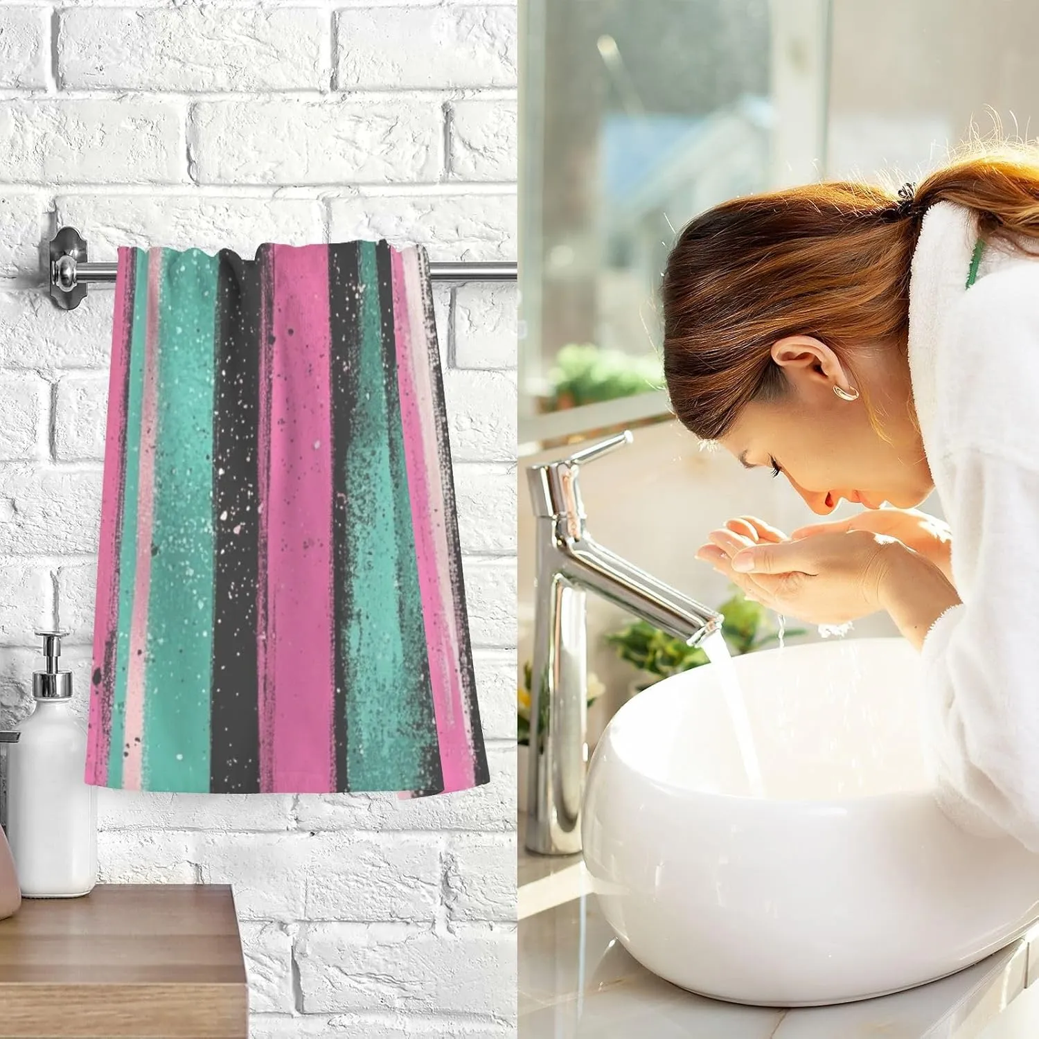 Glittering Stripes Pink Green Decorative Hand Towels for Bathroom Set of 2 Washcloths Wash Bath Cotton Cloths for Face Cleansing Hotel Kitchen Gym 16x28in