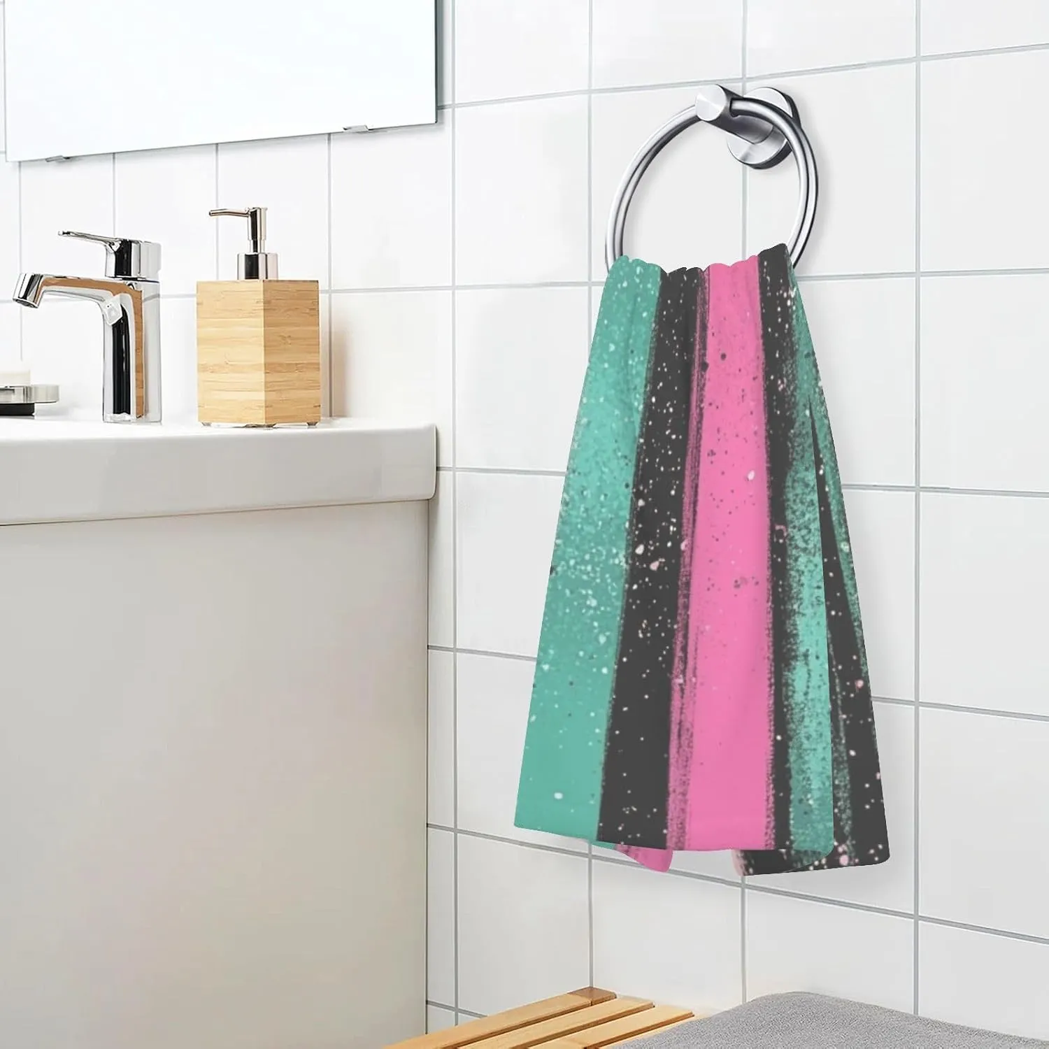 Glittering Stripes Pink Green Decorative Hand Towels for Bathroom Set of 2 Washcloths Wash Bath Cotton Cloths for Face Cleansing Hotel Kitchen Gym 16x28in