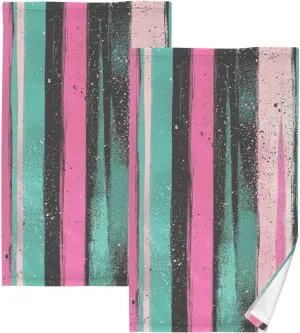 Glittering Stripes Pink Green Decorative Hand Towels for Bathroom Set of 2 Washcloths Wash Bath Cotton Cloths for Face Cleansing Hotel Kitchen Gym 16x28in