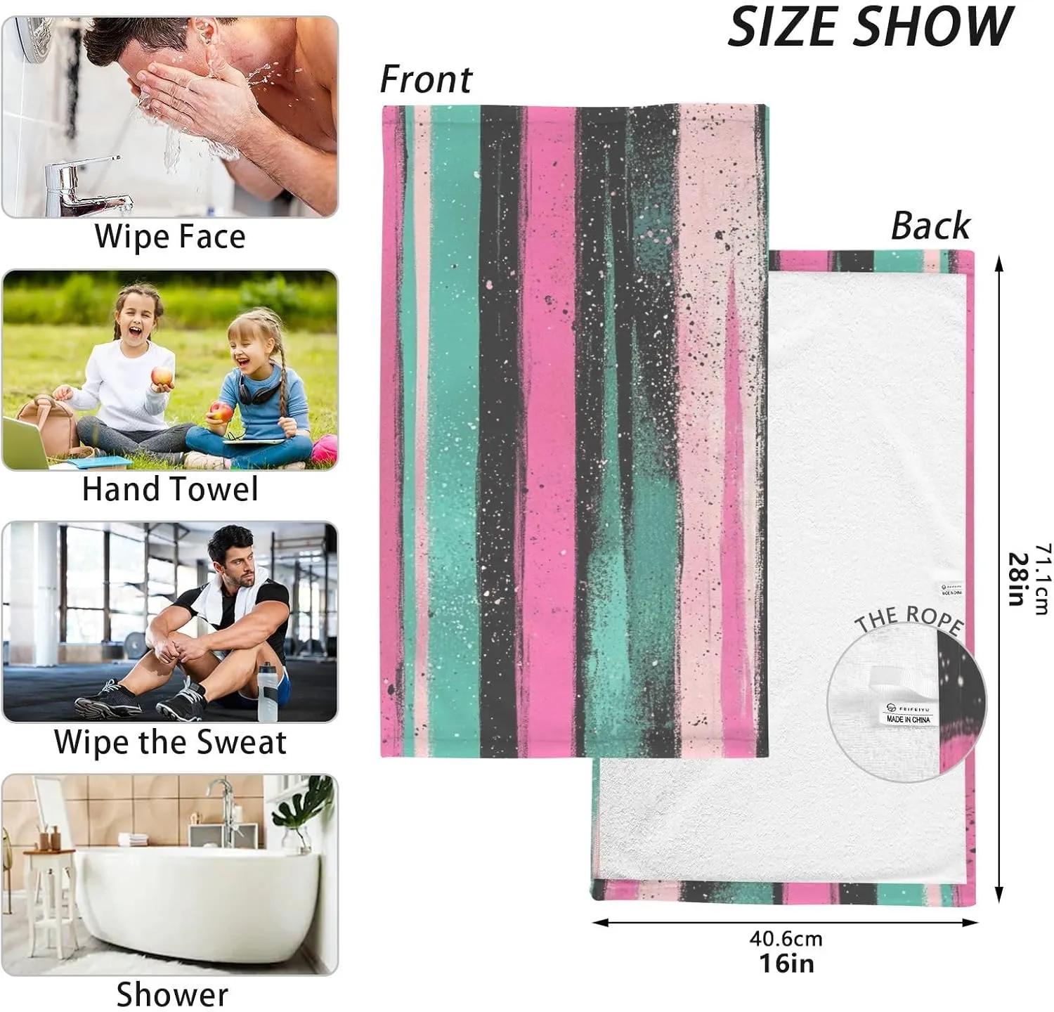 Glittering Stripes Pink Green Decorative Hand Towels for Bathroom Set of 2 Washcloths Wash Bath Cotton Cloths for Face Cleansing Hotel Kitchen Gym 16x28in