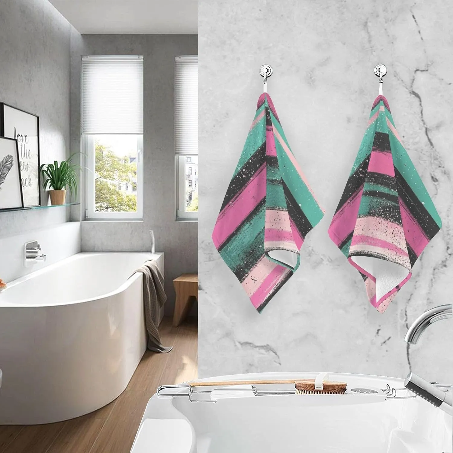 Glittering Stripes Pink Green Decorative Hand Towels for Bathroom Set of 2 Washcloths Wash Bath Cotton Cloths for Face Cleansing Hotel Kitchen Gym 16x28in
