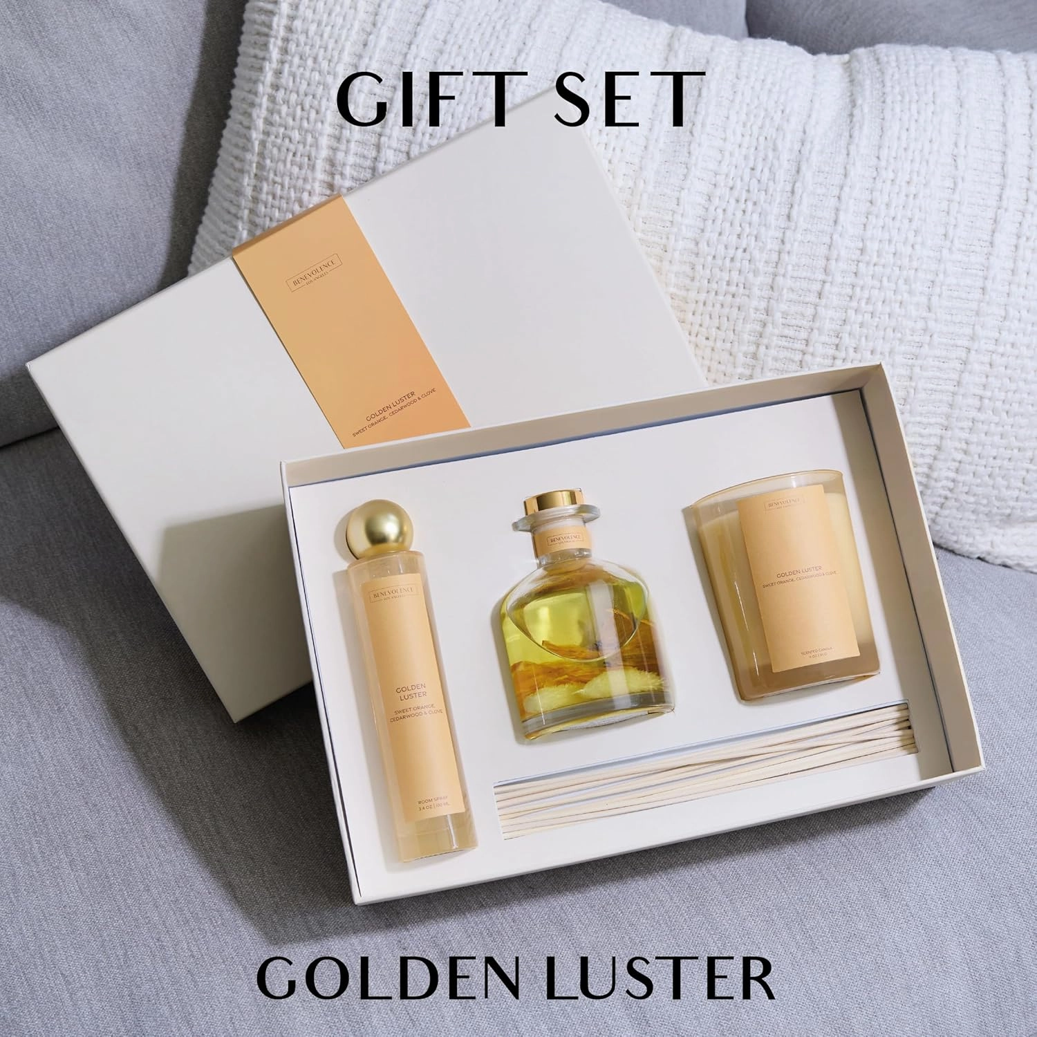 Golden Luster Gift Box | Candle, Room Spray & Reed Diffuser | Orange, Cedarwood & Clove | Luxurious Home Fragrance | Ready for Gifting Set