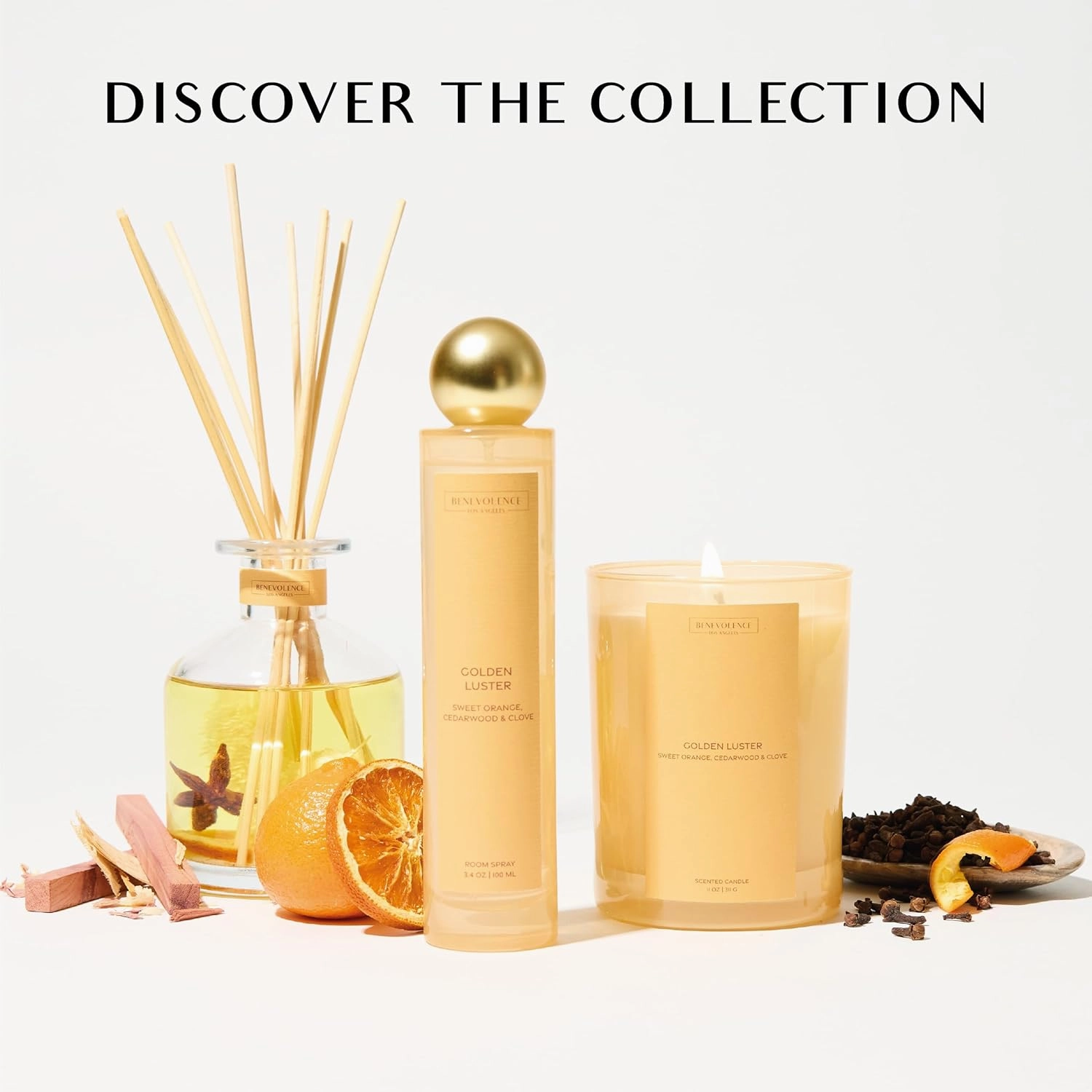 Golden Luster Gift Box | Candle, Room Spray & Reed Diffuser | Orange, Cedarwood & Clove | Luxurious Home Fragrance | Ready for Gifting Set