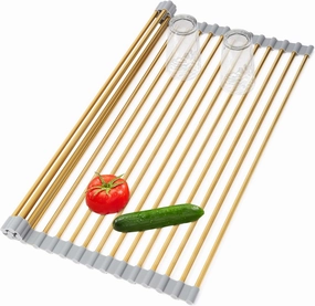 Golden Roll-UP Dish Drying Rack-Large Stainless Steel Dish Drainer Over The Sink for Kitchen Countertop with Anti-Slip Silicone,Rollable for Easy Storage (Gold,17.8'x 13.2')