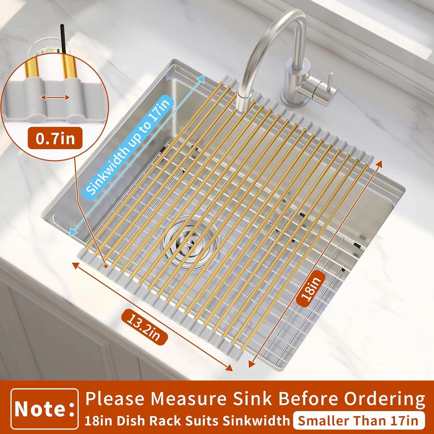 Golden Roll-UP Dish Drying Rack-Large Stainless Steel Dish Drainer Over The Sink for Kitchen Countertop with Anti-Slip Silicone,Rollable for Easy Storage (Gold,17.8'x 13.2')