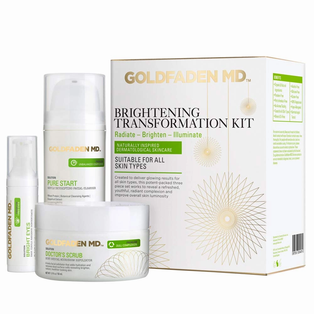 GOLDFADEN MD Brightening Transformation Kit | Advanced Skin Care Regime For Face | Includes Doctors Scrub Microdermabrasion Exfoliator, Pure Start Cleanser & Bright Eyes Eye Cream | 3 Pc Set