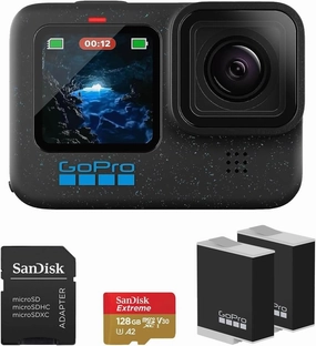 GoPro HERO12 Black 4K Camera with Hypersmooth Stabilization, and Waterproof Ultra-Rugged Design, Bundle with Extra Enduro Rechargeable Li-Ion Battery and SanDisk 128GB Extreme Memory Card