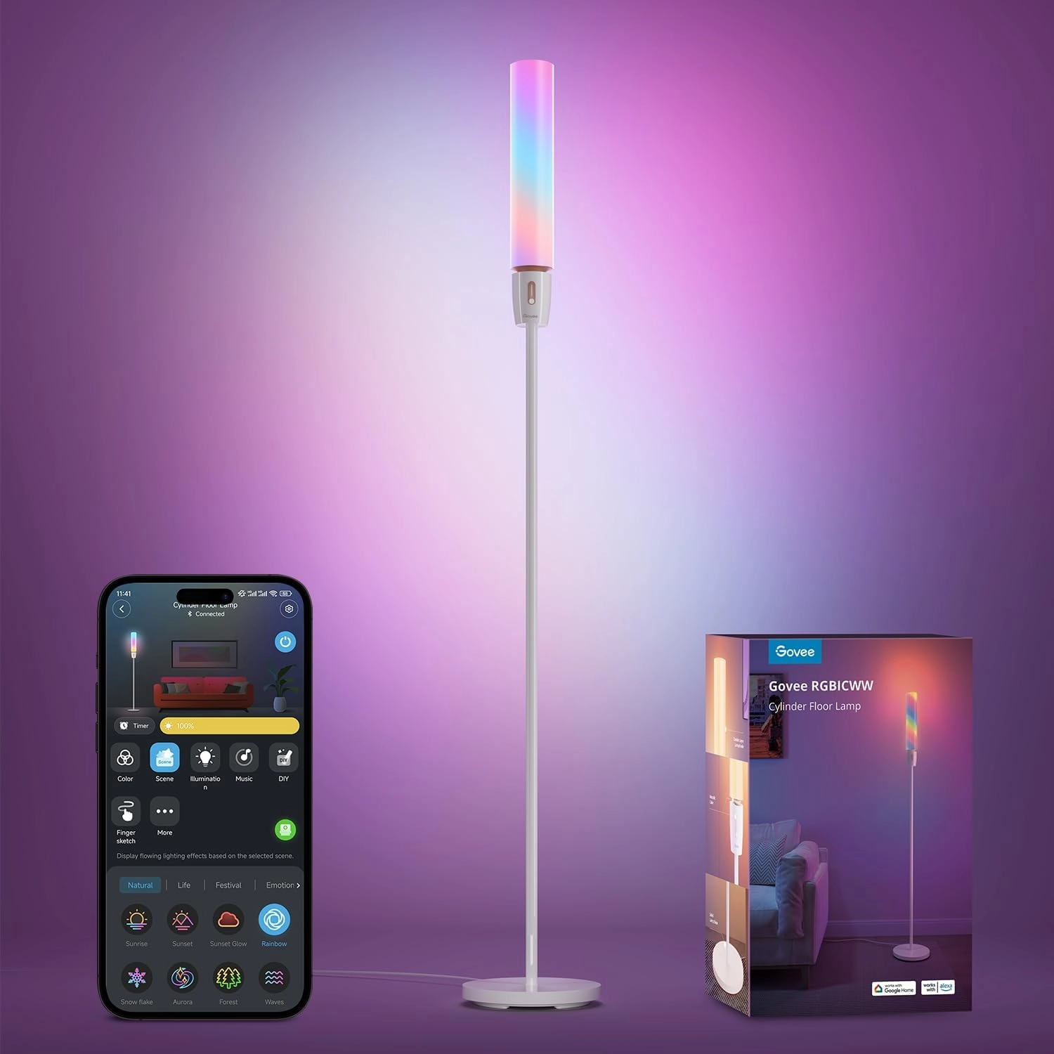 Govee RGBIC Cylinder Floor Lamp, LED Corner Floor Lamp with Wi-Fi App Control, Smart Lamp with 64  Scenes, DIY Mode, Music Sync, 1500 Lumens Modern Lamp for Bedroom, Living Room
