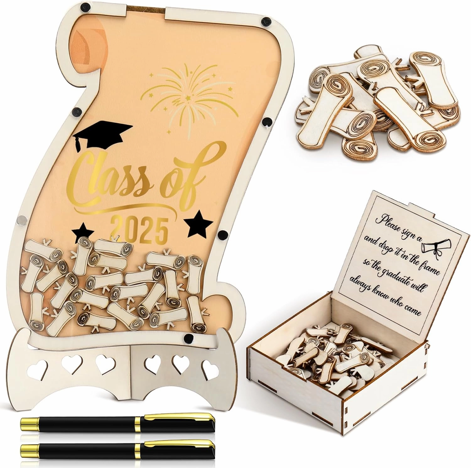 Graduation Guest Book 2025 Graduation Signatures Collecting Name Drop Sign Book with 100pcs Wooden Scroll 1pc Storage Welcome Box 2pcs Pens for Congrats Graduation Party