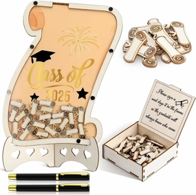 Graduation Guest Book 2025 Graduation Signatures Collecting Name Drop Sign Book with 100pcs Wooden Scroll 1pc Storage Welcome Box 2pcs Pens for Congrats Graduation Party