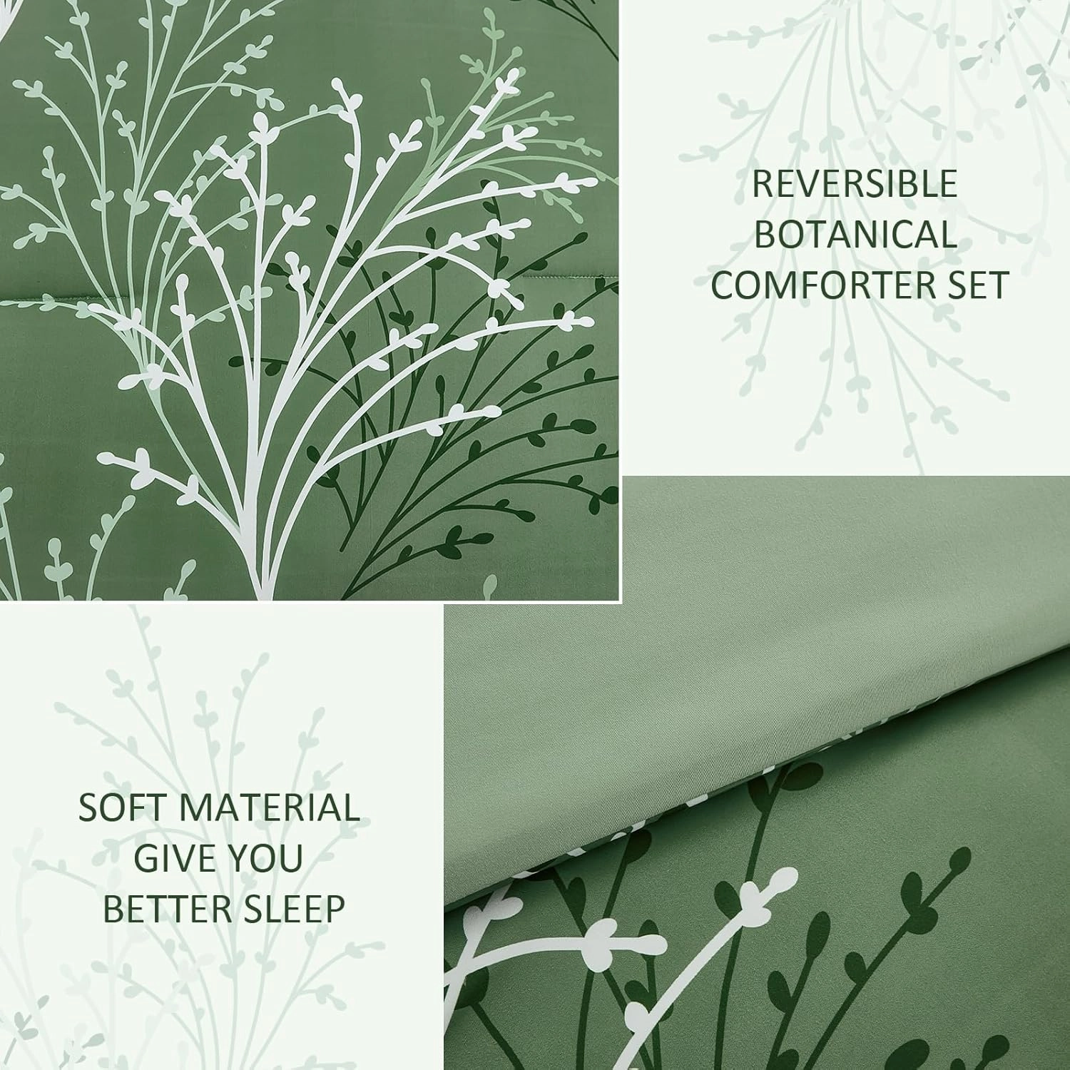 Green Branch Comforter Set Queen Size, 7 Piece Botanical Pattern Bed in a Bag with Sheet Set, Microfiber Down Alternative Reversible Olive Green Bedding Set for All Season (90''x90'')