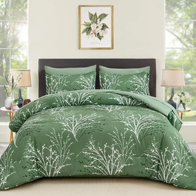 Green Branch Comforter Set Queen Size, 7 Piece Botanical Pattern Bed in a Bag with Sheet Set, Microfiber Down Alternative Reversible Olive Green Bedding Set for All Season (90''x90'')