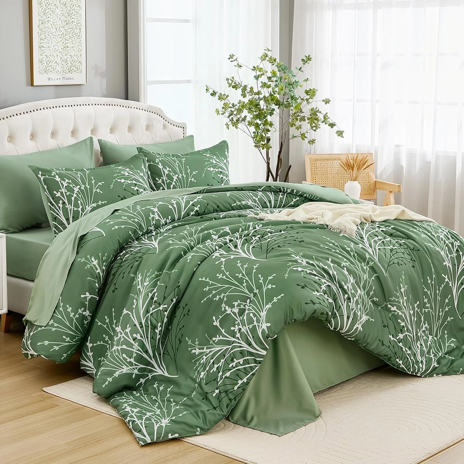 Green Branch Comforter Set Queen Size, 7 Piece Botanical Pattern Bed in a Bag with Sheet Set, Microfiber Down Alternative Reversible Olive Green Bedding Set for All Season (90''x90'')