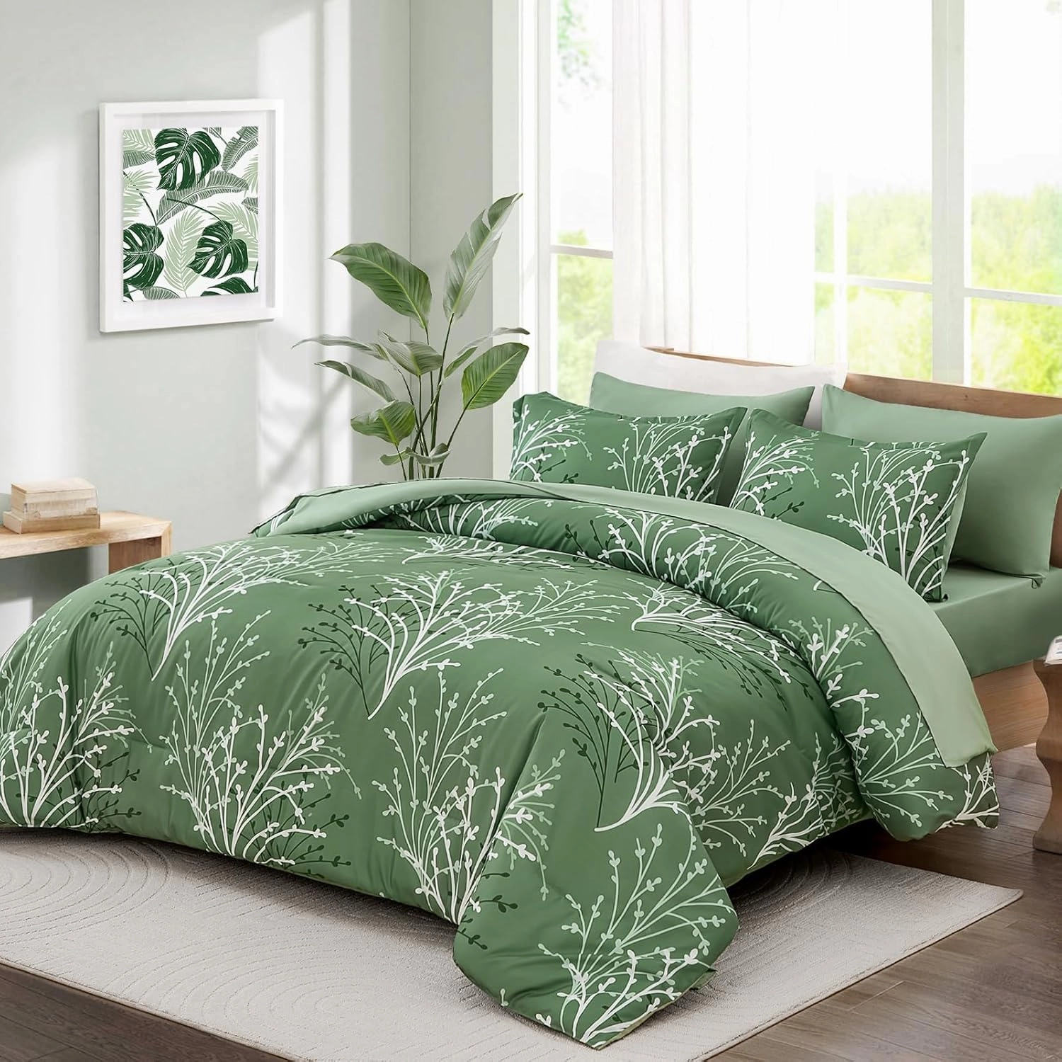 Green Branch Comforter Set Queen Size, 7 Piece Botanical Pattern Bed in a Bag with Sheet Set, Microfiber Down Alternative Reversible Olive Green Bedding Set for All Season (90''x90'')