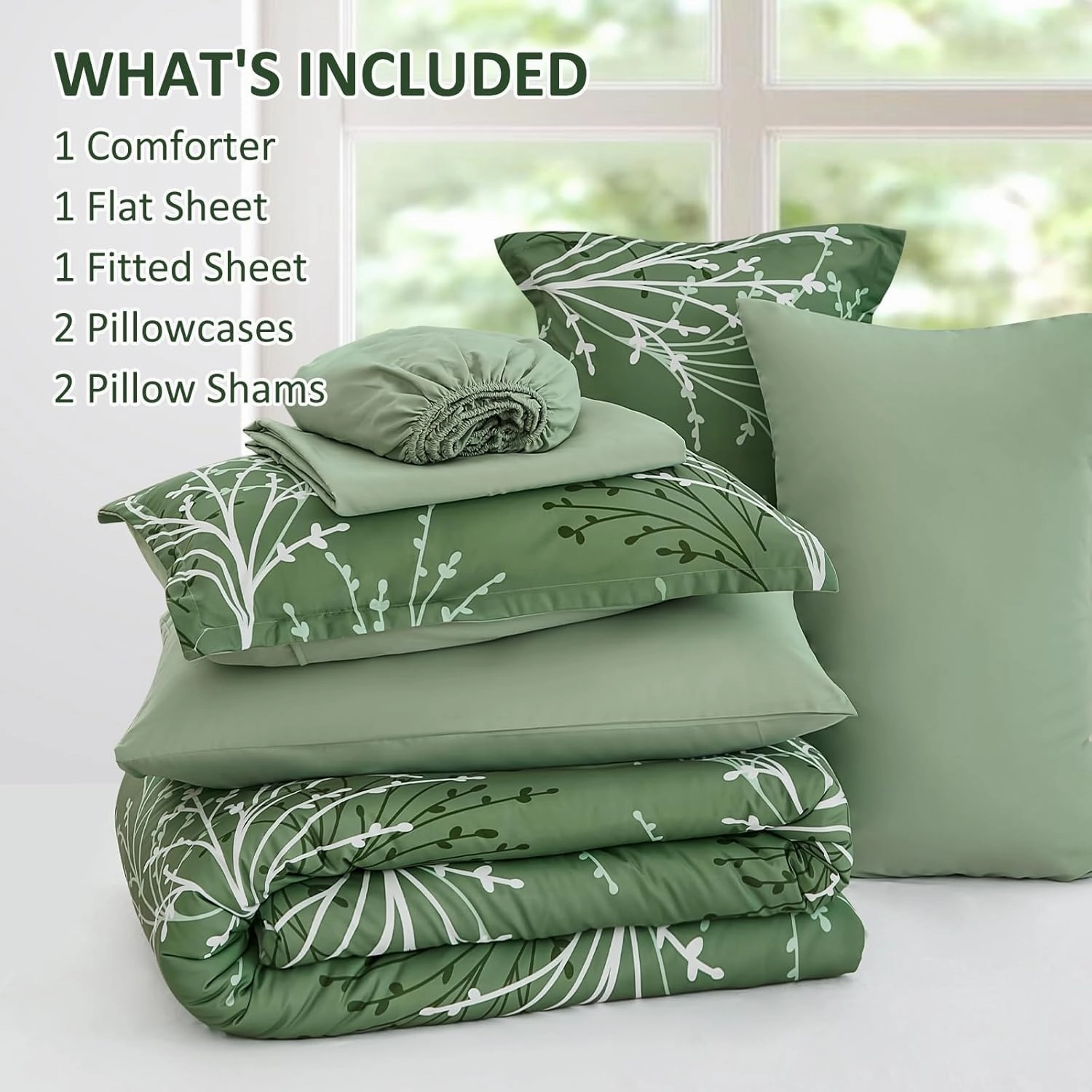 Green Branch Comforter Set Queen Size, 7 Piece Botanical Pattern Bed in a Bag with Sheet Set, Microfiber Down Alternative Reversible Olive Green Bedding Set for All Season (90''x90'')