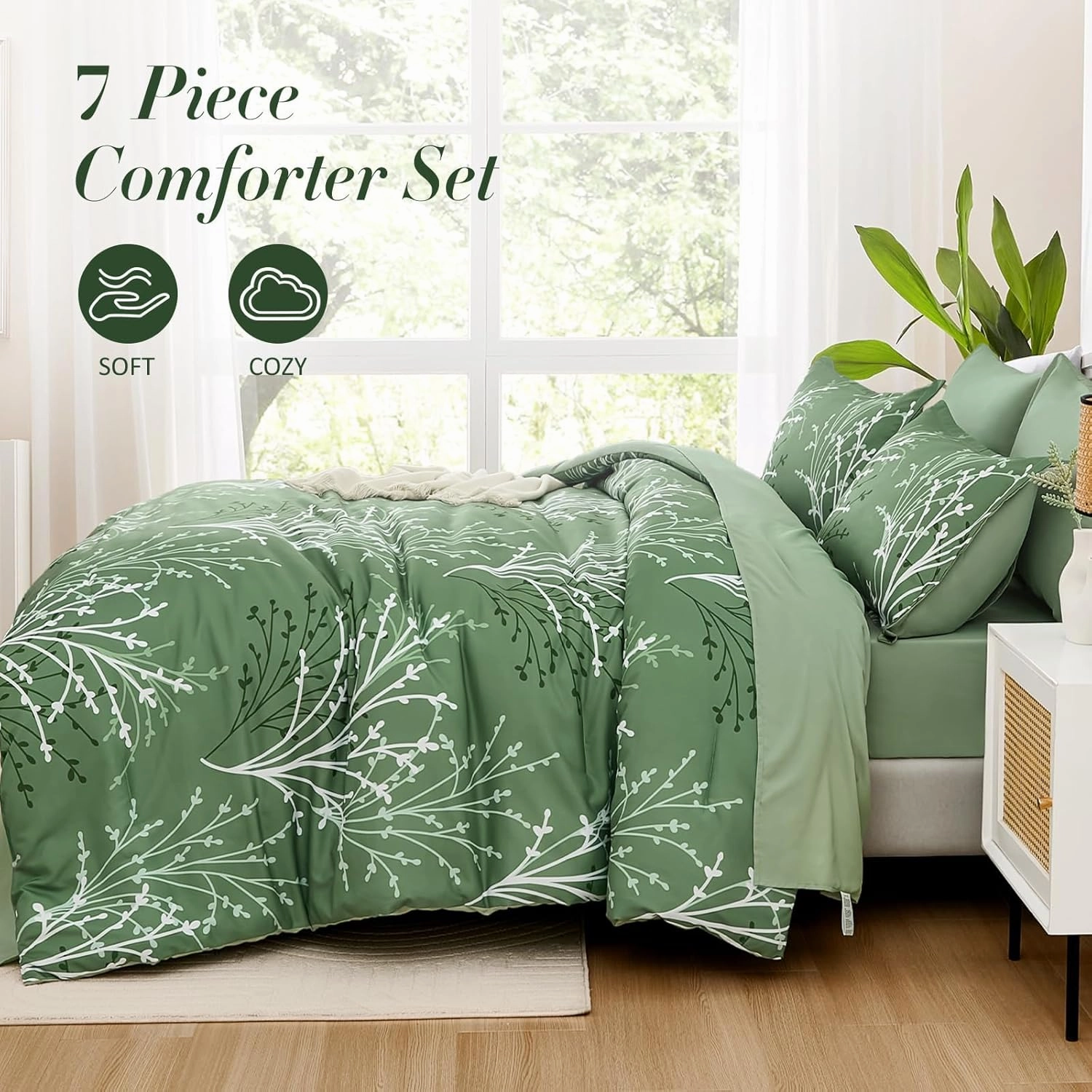 Green Branch Comforter Set Queen Size, 7 Piece Botanical Pattern Bed in a Bag with Sheet Set, Microfiber Down Alternative Reversible Olive Green Bedding Set for All Season (90''x90'')