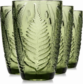 Green Drinking Glasses Set Of 4-12 Oz Hand Blown Vintage Drinking Glasses, Boho Aesthetic Antique Glassware, Colored Cute Glass Cups, Textured Highball Water Tumbler, Unique Retro Drinkware Gift