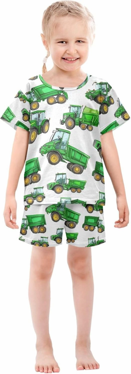 Green Garbage Truck Cars Summer Pajamas Short Set 2 Piece Sleepwear