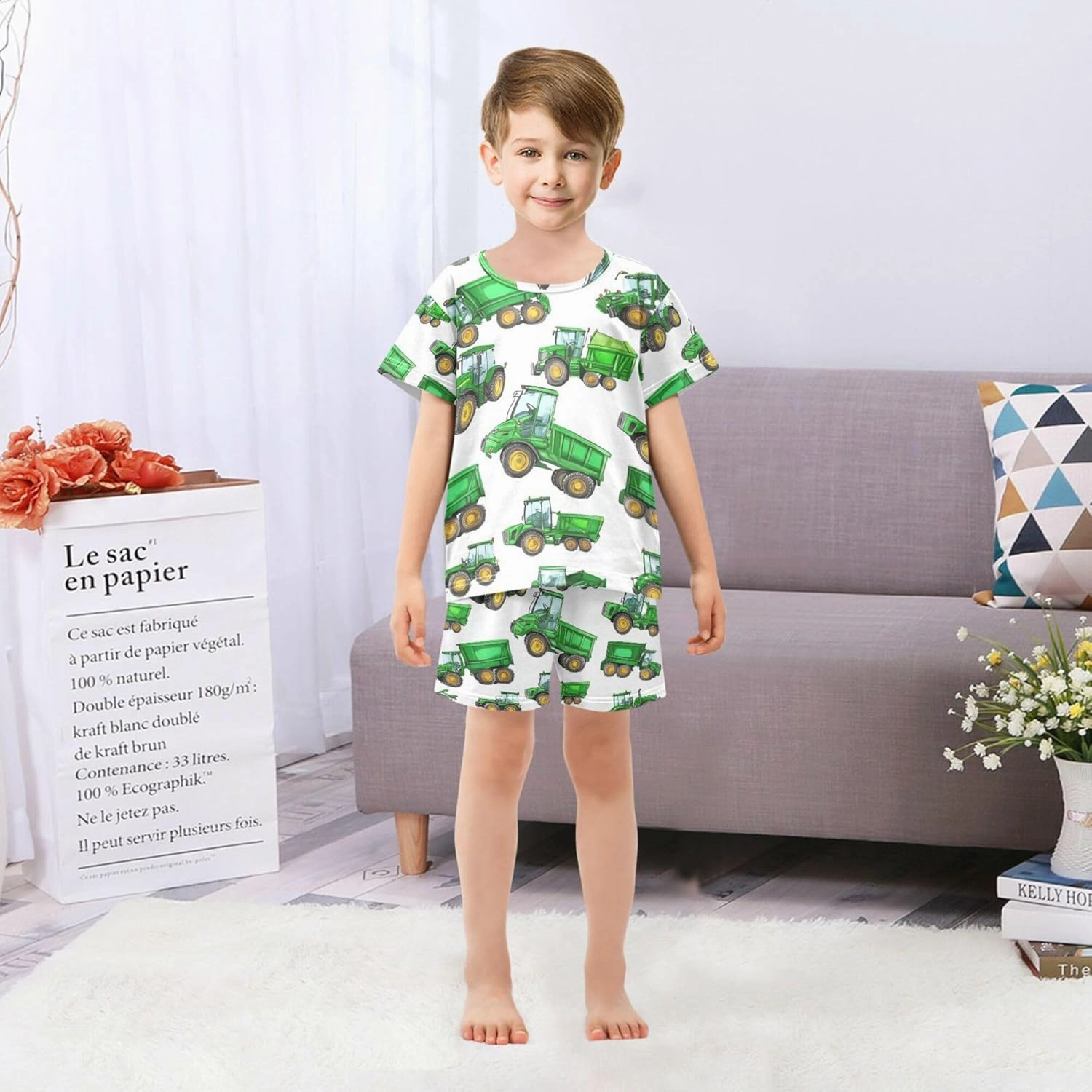Green Garbage Truck Cars Summer Pajamas Short Set 2 Piece Sleepwear