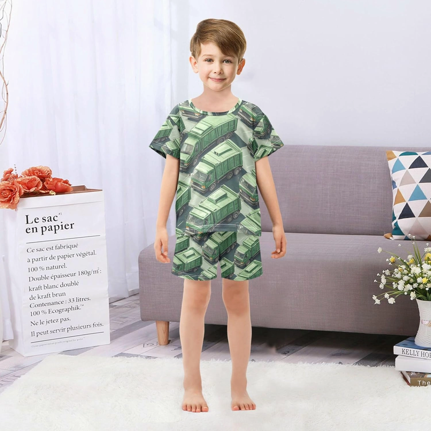 Green Garbage Trucks Pattern Summer Pajamas Short Set 2 Piece Sleepwear