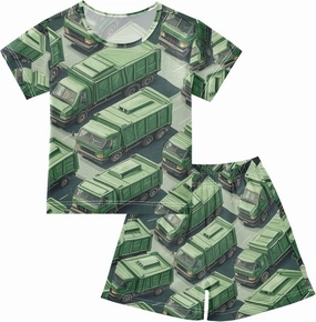 Green Garbage Trucks Pattern Summer Pajamas Short Set 2 Piece Sleepwear