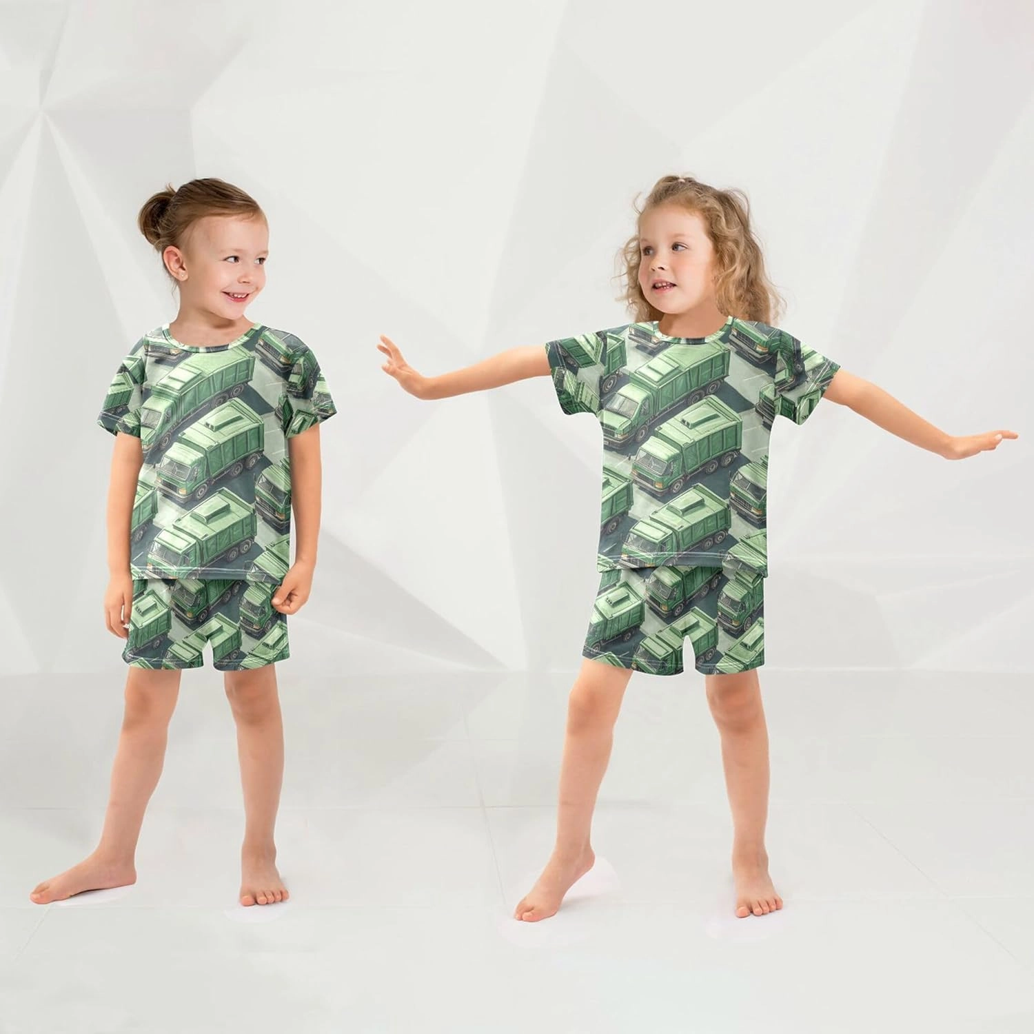 Green Garbage Trucks Pattern Summer Pajamas Short Set 2 Piece Sleepwear